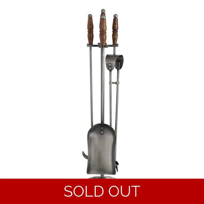 product Image for Hand Turned Fire Companion Set In Antique Pewter With Wooden Handles